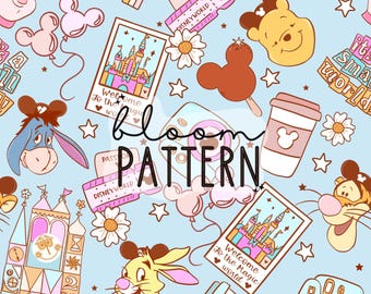 May include: A blue background with a repeating pattern of Disney-themed illustrations. The pattern includes Mickey Mouse ears, a castle, a camera, a coffee cup, a rainbow, flowers, stars, and the text "Welcome to the Magic World".