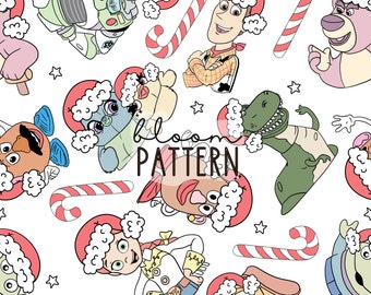 Naadloos patroon met cartoonfiguren van kerstvriendjes, geschikt voor sublimatieprint op stof (JPEG)