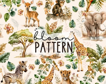 Jungle Animals Seamless pattern, Boho Aquarela Jungle Animals Seamless Pattern, Watercolour Jungle Seamless Pattern, Digital Design