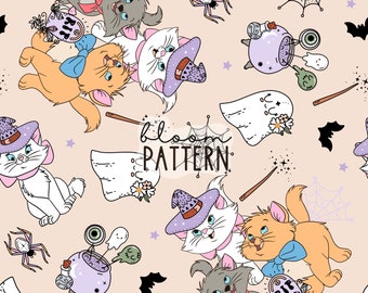 Halloween Cats Seamless Pattern, Spooky Magical Design (JPEG)