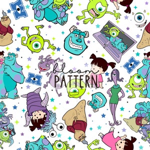 Puede incluir: Un patrón sin costuras colorido con personajes de la película Monsters Inc. El patrón incluye a Sully, Mike, Boo y otros personajes de la película. El fondo es blanco con estrellas azules, verdes y moradas.