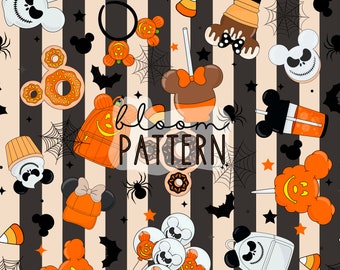 Halloween Seamless Pattern, Magical halloween Cartoon Seamless pattern, Fabric Sublimation
