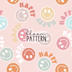 May include: A seamless pattern featuring colourful smiley faces and the word "HAPPY" repeated in a playful, retro style. The background is a light pink with a subtle textured effect. The pattern is perfect for adding a cheerful touch to any project.