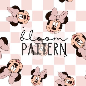 Puede incluir: Un patrón sin costuras que presenta un personaje de dibujos animados con lazos rosas y orejas negras sobre un fondo a cuadros rosa y blanco. El texto "bloom pattern" está en el centro de la imagen.