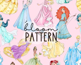 Motivo senza cuciture con fiori ad acquerello della principessa magica, motivo senza cuciture con primavera del mondo magico, motivo senza cuciture retrò, stampa sublimatica su tessuto