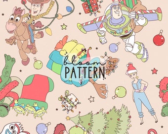Naadloos patroon met een kerstverhaal-cartoonprint, geschikt voor sublimatieprint op stof (JPEG)