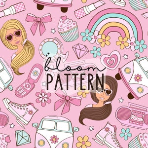 May include: A pink and white seamless pattern with a retro theme. The pattern includes a rainbow, hearts, flowers, a vintage van, a boombox, sunglasses, a cupcake, a mirror, a cell phone, and sneakers. The text "bloom pattern" is in the center of the design.
