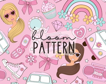 Padrão sem emenda de boneca rosa, padrão sem emenda feminino, padrão sem emenda de roupa de banho divertida primavera verão, sublimação de tecido