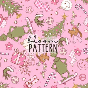 Peut inclure: Motif de Noël rose avec des personnages de dessins animés, des arbres de Noël, des cadeaux et des ornements. Le motif comprend le texte "bloom PATTERN" en écriture cursive, avec une esthétique ludique et festive.