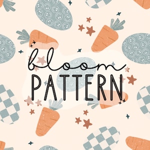 May include: A seamless pattern featuring a light brown background with various blue and white geometric shapes, orange carrots, and brown stars. The text "bloom pattern" is written in black.