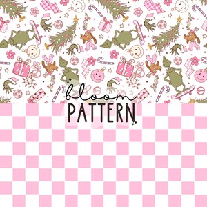 May include: A whimsical pattern featuring cartoon characters, Christmas trees, gifts, and candy canes in shades of green, pink, and white. The text "bloom PATTERN" is also included. The bottom half of the image has a pink and white checkered pattern.