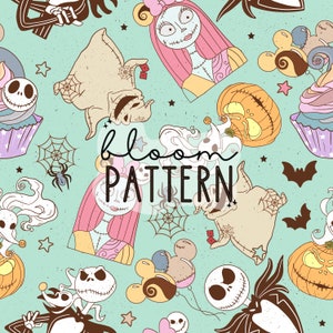 Nightmare Halloween Seamless Pattern, Skeleton Seamless Pattern, Halloween Seamless file for fabric sublimation
