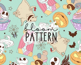 Nightmare Halloween Seamless Pattern, Skeleton Seamless Pattern, Halloween Seamless file for fabric sublimation