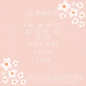 May include: File information for a digital download of a 12x12 inch, 300 DPI PNG and PDF file. The file is not editable and not a vector. The file is in CMYK color mode. The text "PLEASE NOTE THIS IS A DIGITAL DOWNLOAD AND NO PHYSICAL PRODUCT WILL BE SHIPPED. PAINT COLOURS MAY DIFFER FROM THOSE ON YOUR MONITOR" is also included in the image.