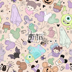 Halloween Monster Seamless Pattern, Spooky Monsters Cartoon Repeat Seamless Design, Magical Halloween Seamless Fabric Sublimation