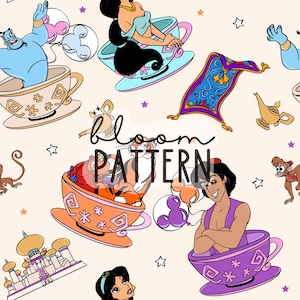 May include: A whimsical pattern featuring characters and elements from the animated film Aladdin. The design includes characters in teacups, a magic carpet, a genie, and the text "bloom PATTERN" on a cream background.