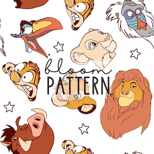 Puede incluir: Un fondo blanco con un patrón repetido de caras de animales de dibujos animados de la película El Rey León. Los personajes incluyen Simba, Nala, Pumbaa, Timon, Zazu y Scar. El patrón es perfecto para telas, papel tapiz o papel de regalo.