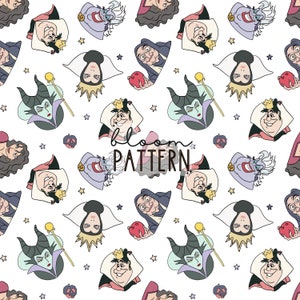May include: A seamless pattern featuring various Disney villains, including Maleficent, Ursula, the Evil Queen, and the Queen of Hearts. The pattern is set against a white background with small stars and apples.