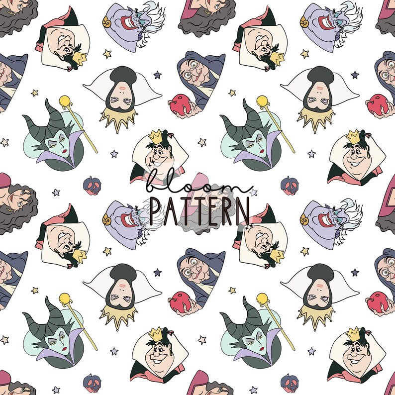 May include: A seamless pattern featuring various Disney villains, including Maleficent, Ursula, the Evil Queen, and the Queen of Hearts. The pattern is set against a white background with small stars and apples.