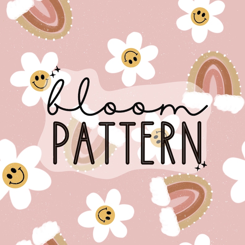 K&ouml;nnte beinhalten: Ein rosa Hintergrund mit einem sich wiederholenden Muster aus wei&szlig;en G&auml;nsebl&uuml;mchen mit Smiley-Gesichtern und braunen und beigefarbenen Regenb&ouml;gen. Der Text "bloom pattern" ist in schwarzer Kursivschrift und fetter Schrift geschrieben.