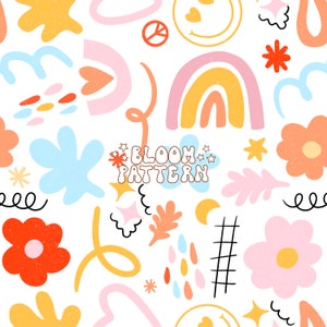 Rainbow Seamless Pattern, Doodles Seamless pattern, Retro Flower Design