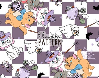 Halloween Cute Cats Seamless Pattern, Spooky Magical Design (JPEG)