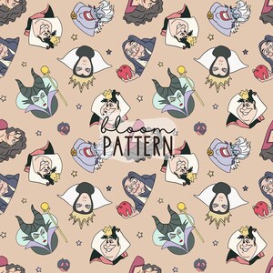 K&ouml;nnte beinhalten: Ein nahtloses Muster mit verschiedenen Disney-Schurken, darunter Maleficent, die b&ouml;se K&ouml;nigin und Ursula. Das Muster ist auf einem hellbraunen Hintergrund mit kleinen wei&szlig;en Sternen.