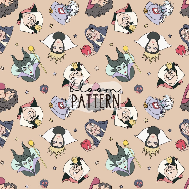 K&ouml;nnte beinhalten: Ein nahtloses Muster mit verschiedenen Disney-Schurken, darunter Maleficent, die b&ouml;se K&ouml;nigin und Ursula. Das Muster ist auf einem hellbraunen Hintergrund mit kleinen wei&szlig;en Sternen.