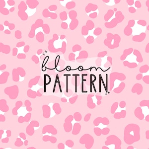 Può includere: Motivo a stampa leopardata rosa e bianca con il testo "bloom pattern" in nero.