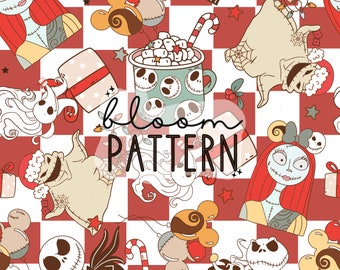 Christmas Nightmare Halloween Seamless Pattern, Christmas Skeleton Seamless Pattern, Santa Holidays Seamless file for fabric sublimation