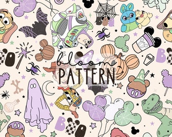 Halloween Magical Story Friends Seamless Pattern, Spooky Cartoon Seamless Pattern, Halloween Fabric Sublimation