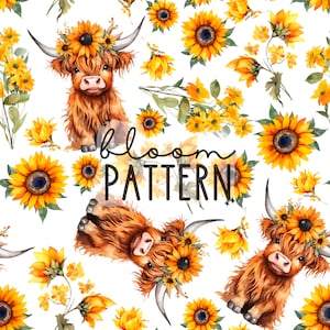 May include: A seamless pattern featuring brown Highland cows with sunflower crowns and yellow sunflowers on a white background. The text "Bloom Pattern" is written in black.