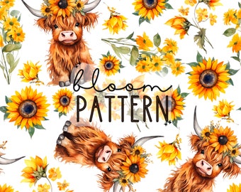 Highland Cow Floral Seamless Pattern, Spring Seamless Pattern, Boho Floral Pattern for Commercial Use