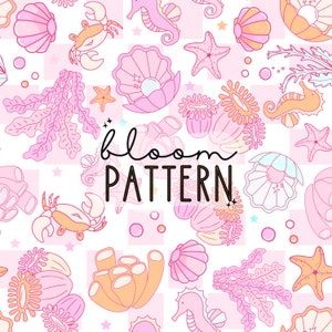 May include: A seamless pattern featuring a variety of sea life and coral in pink, orange, and blue hues. The pattern includes seahorses, starfish, crabs, seashells, and coral. The text "bloom pattern" is written in black at the centre of the image.