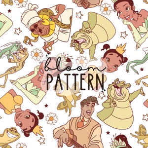 May include: A seamless pattern featuring characters from the animated film The Princess and the Frog. The pattern includes Tiana, Naveen, Louis, Ray, Mama Odie, and a green alligator. The background is white with yellow stars and daisies.