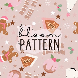 Pink Boho Christmas Seamless Pattern, Ginger Bread Seamless Pattern Design, Seamless Pattern for Fabric