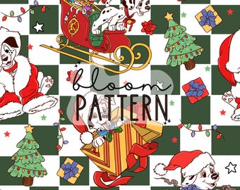 Peut inclure: Motif répété avec des chiots dalmatiens portant des bonnets de Père Noël, des arbres de Noël, des boîtes cadeaux et un traîneau rempli de cannes en sucre et de cadeaux. Le fond est un motif à carreaux verts et blancs avec le texte "bloom PATTERN".