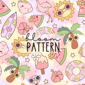 May include: A seamless pattern featuring a variety of summer-themed illustrations, including a watermelon, a flamingo, a sun, a palm tree, a surfboard, a popsicle, a flower, and a doughnut. The background is a watercolour wash of pink and yellow.