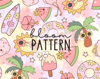 Summer Seamless Pattern, Palm Tree Fun Summer Seamless Design, Watermelon Pattern Pink Summer Seamless