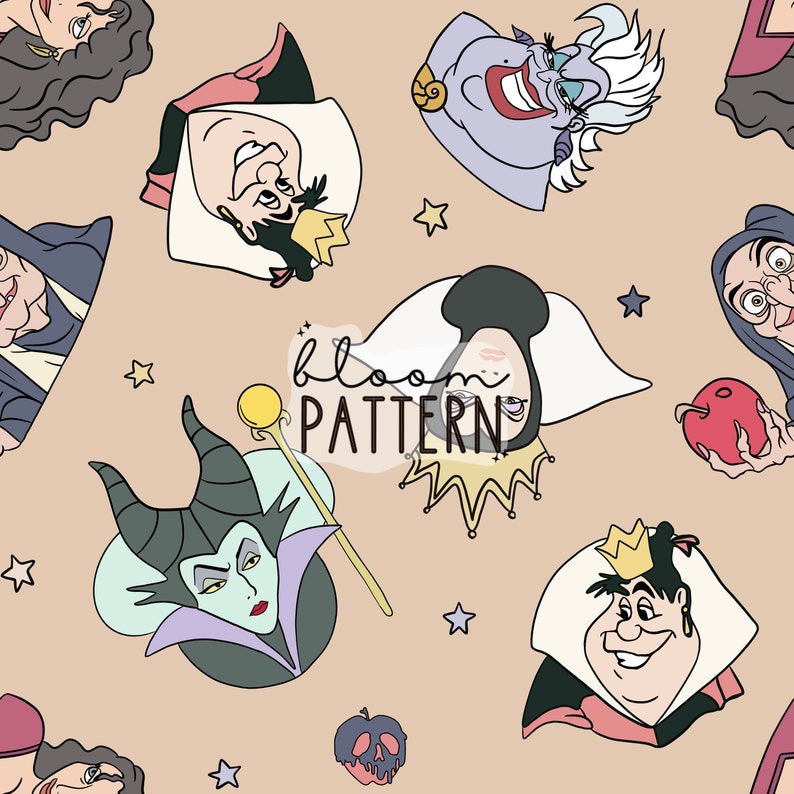 K&ouml;nnte beinhalten: Ein nahtloses Muster mit verschiedenen Disney-Schurken-Charakteren, darunter Maleficent, Ursula, die b&ouml;se K&ouml;nigin und Cruella de Vil. Der Hintergrund ist hellbraun mit wei&szlig;en Sternen.