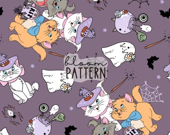 Halloween Cats Seamless Pattern, Spooky Magical Design (JPEG)