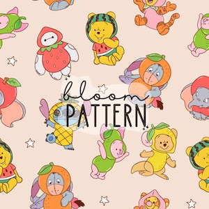 May include: A seamless pattern featuring cartoon characters dressed in fruit costumes. The characters include Stitch, Winnie the Pooh, Tigger, and others. The background is a light peach color with white stars.
