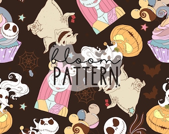 Nightmare Halloween Seamless Pattern, Skeleton Seamless Pattern, Halloween Seamless file for fabric sublimation