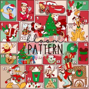 May include: A Christmas advent calendar with 25 numbered squares featuring various Disney characters, including Mickey Mouse, Minnie Mouse, Donald Duck, Goofy, and Stitch. Each square has a festive holiday theme.