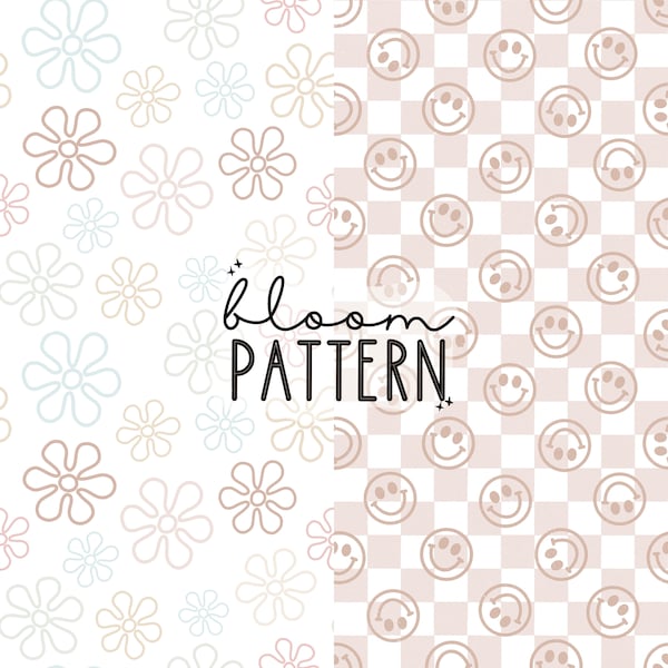 Bundle of 2 Flower Seamless Pattern and Smiley Face Seamless Pattern, Spring Flower Pattern, Sublimation Fabric