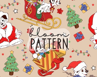 Peut inclure: Motif répété avec des chiots dalmatiens portant des chapeaux de Père Noël, des arbres de Noël, des cadeaux emballés et un traîneau rempli de cannes en sucre. Le texte "bloom PATTERN" est également présent. Le fond est beige clair.