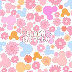 May include: A seamless pattern featuring pink, blue and orange Mickey Mouse ears and pink, yellow and orange flowers with white centres. The text "BLOOM PATTERN" is in the centre of the design.