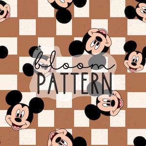 May include: A seamless pattern featuring a cartoon mouse with large ears and a wide smile. The mouse is repeated on a brown and white checkered background. The text "bloom pattern" is written in a white font on a transparent background.