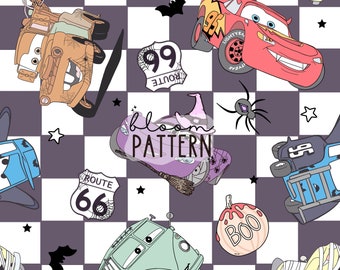 Halloween Cars Seamless Design, Spooky Halloween Magical Car Movie Seamless Pattern, Fabric Sublimation