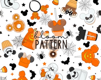 Halloween Seamless Pattern, Magical halloween Cartoon Seamless pattern, Fabric Sublimation